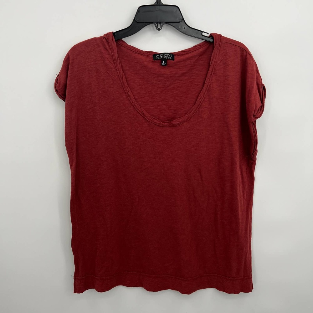 La La Land Women's Red Short Sleeve Scoop Neck Cotton-Blend Top Size L